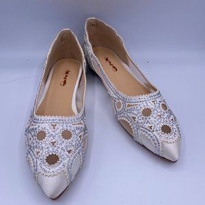 XYD Elegant Pointed Toe Rhinestone Flats Mesh Slip